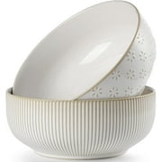 Large Serving Bowls (8 inch \u0026 60 fl oz), Ceramic Salad Bowl Set of 2, Microwave and Dishwasher Safe, Farmhouse Kitchen Decorative Bowls Set (Embossed Stripes \u0026 Stars)